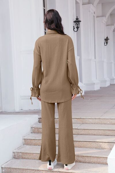 Buy Drawstring Flounce Sleeve Shirt and Pants Set by S.S.Ni