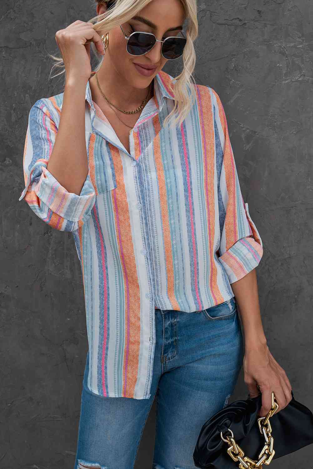 Buy Striped Button-Up Curved Hem Shirt with Breast Pocket by SYNZ