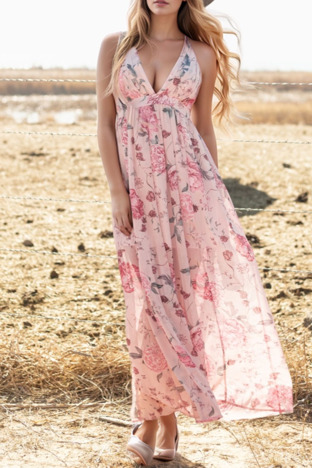 Buy Floral Pleated Deep V Backless Maxi Dress by Faz