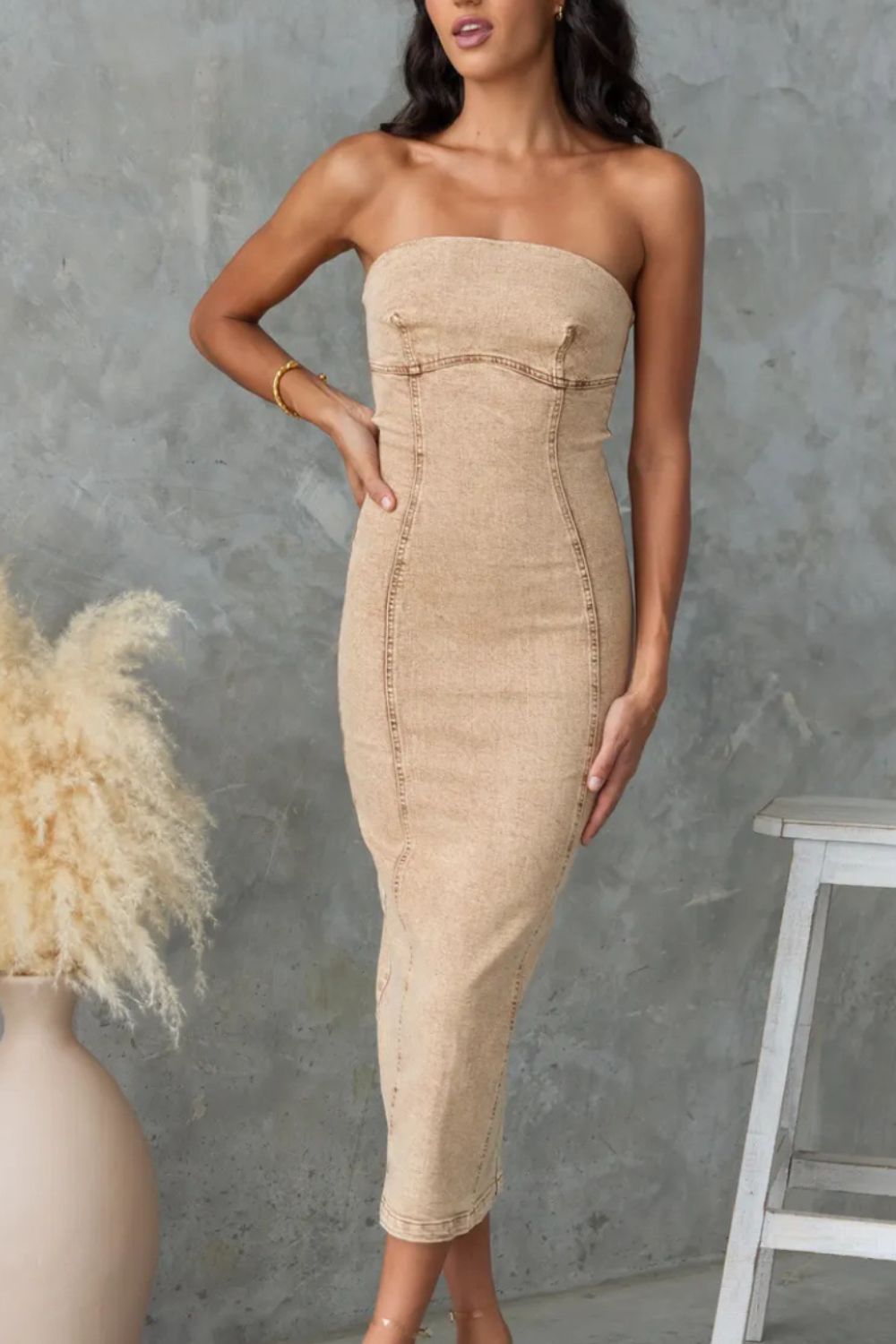 Buy Washed Slit Back Tube Denim Dress by Faz