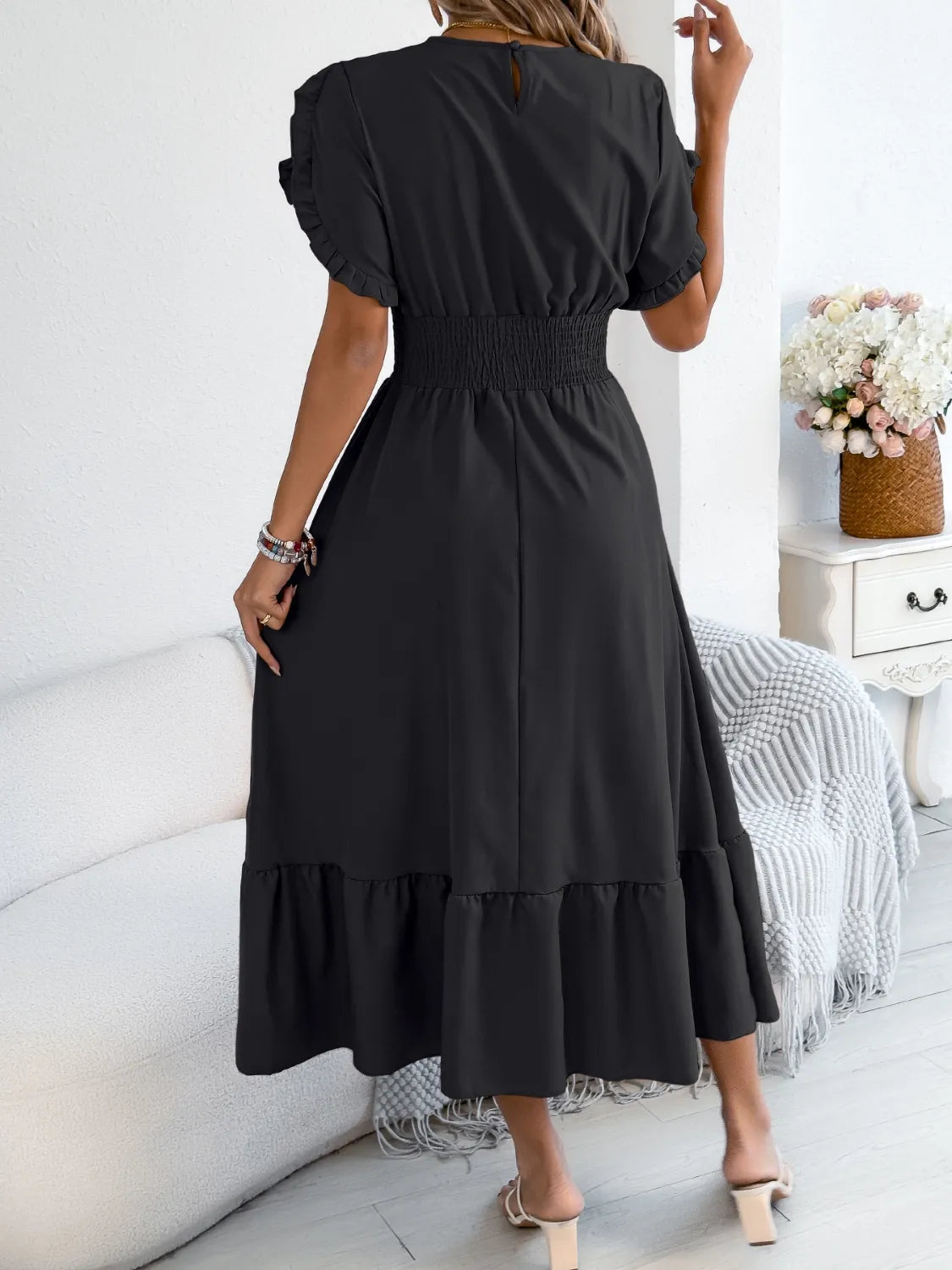 Buy Smocked Frill Round Neck Midi Dress by Faz
