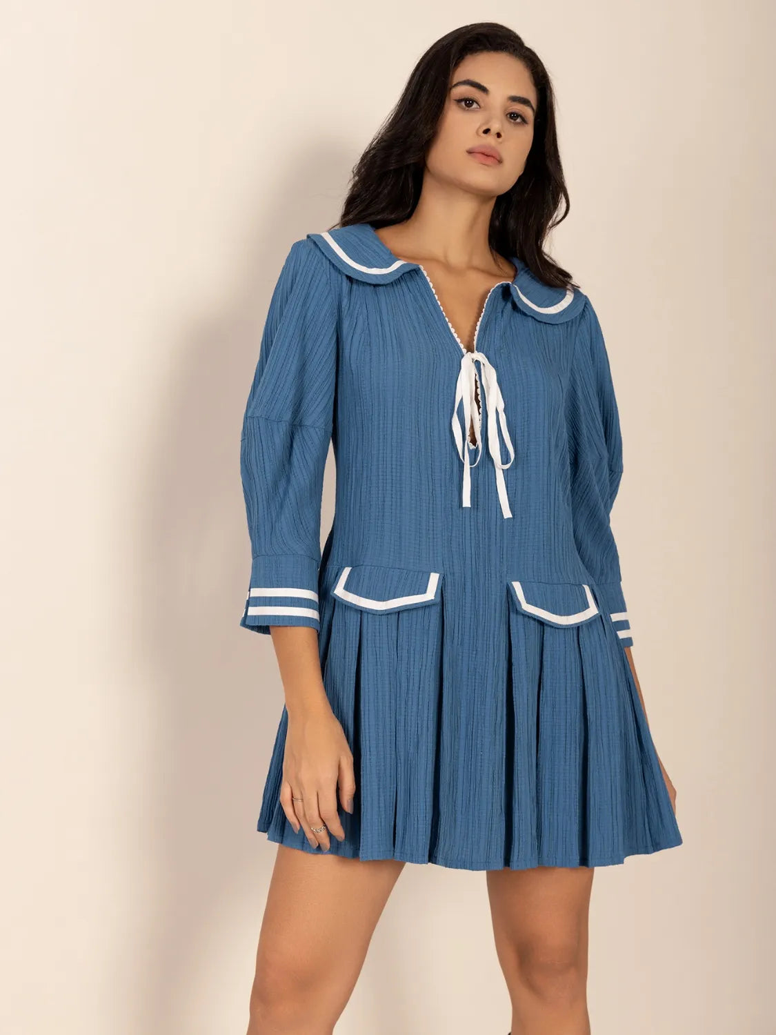 Buy Tie Front Pleated Three-Quarter Sleeve Mini Dress by Faz