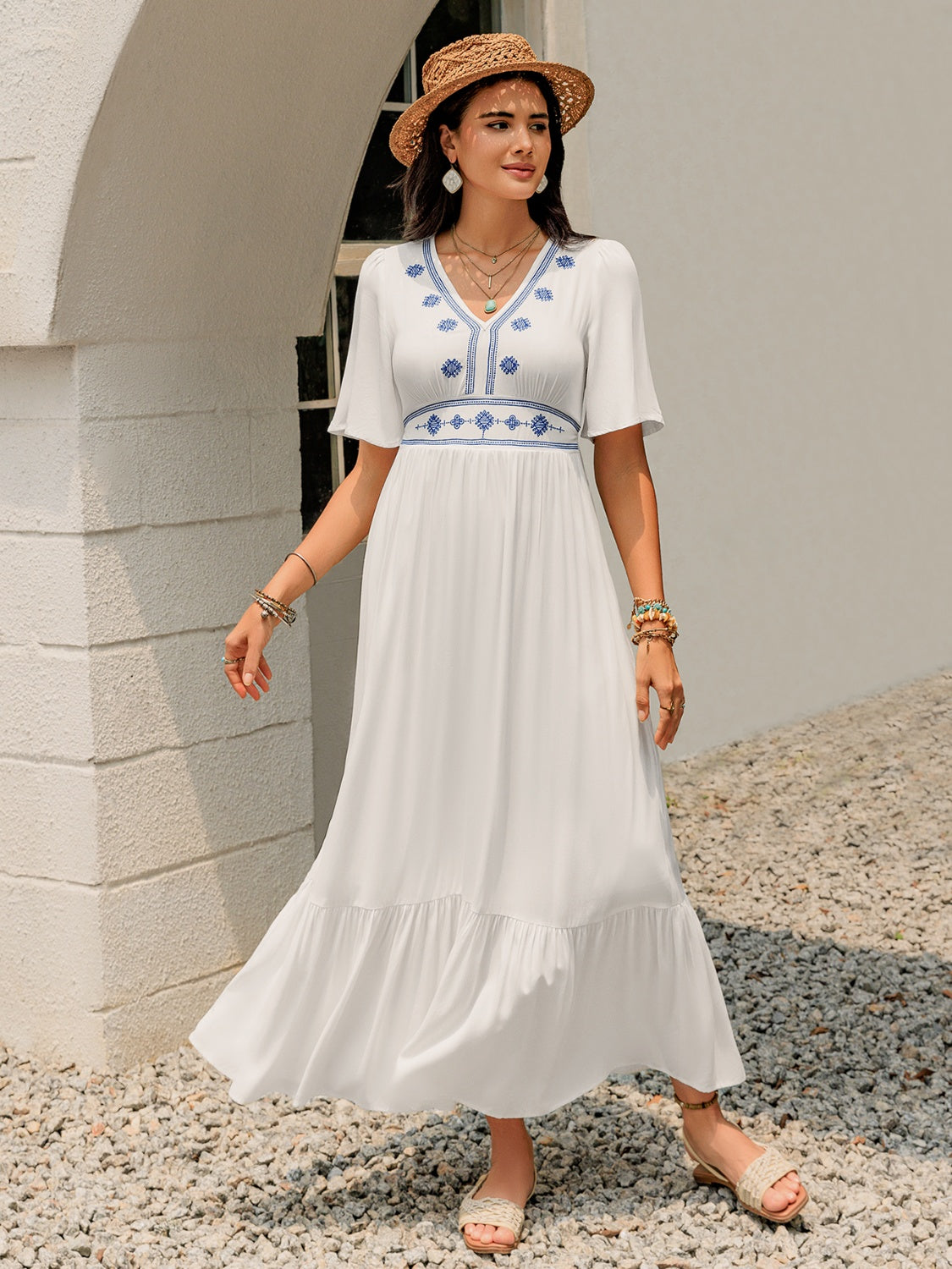 Ruffled Hem V-Neck Flutter Sleeve Dress