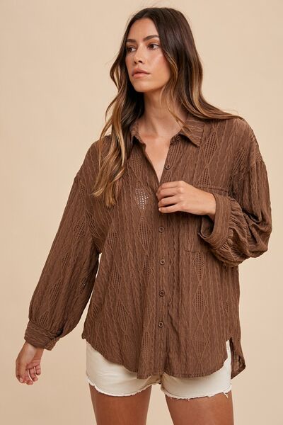 Buy Openwork Button Down Drop Shoulder Shirt by Annie Wear