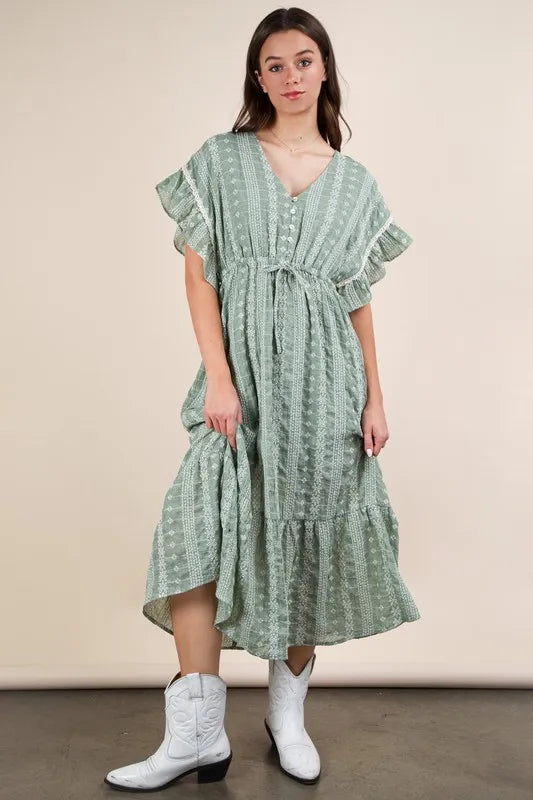 Buy Embroidered Boho Ruffled Midi Dress by Faz
