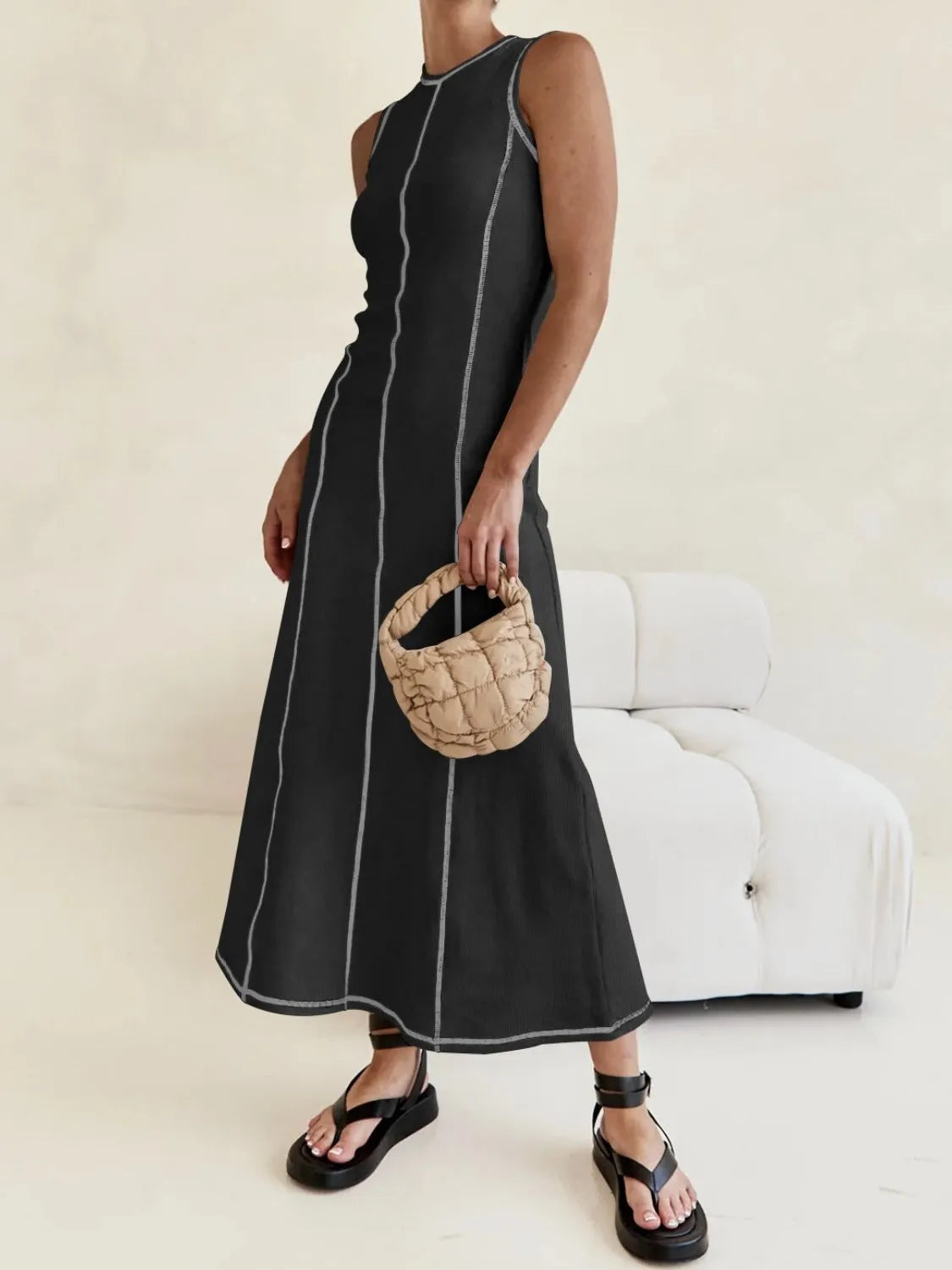 Buy Contrast Stitching Round Neck Sleeveless Midi Dress by Faz