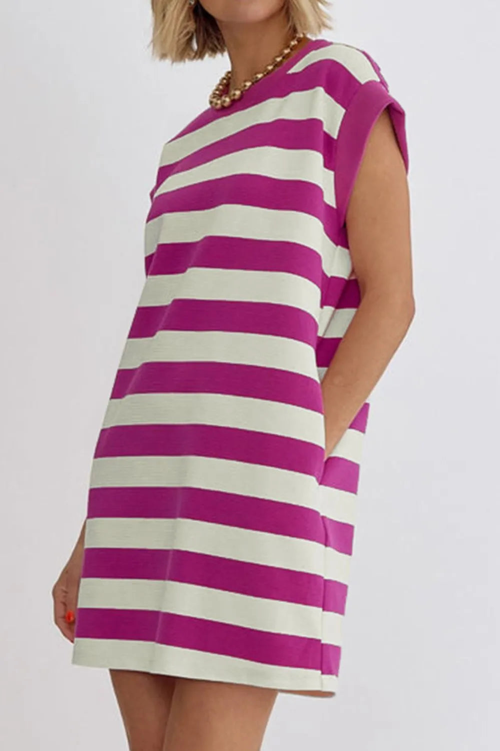 Buy Stripe Cap Sleeve Pocketed Shift Tee Dress by Faz