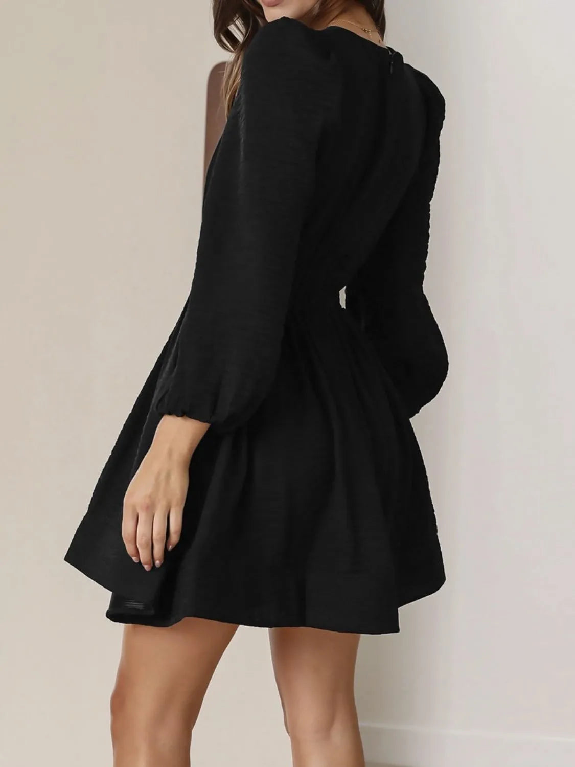 Buy Ruched V-Neck Balloon Sleeve Mini Dress by Faz