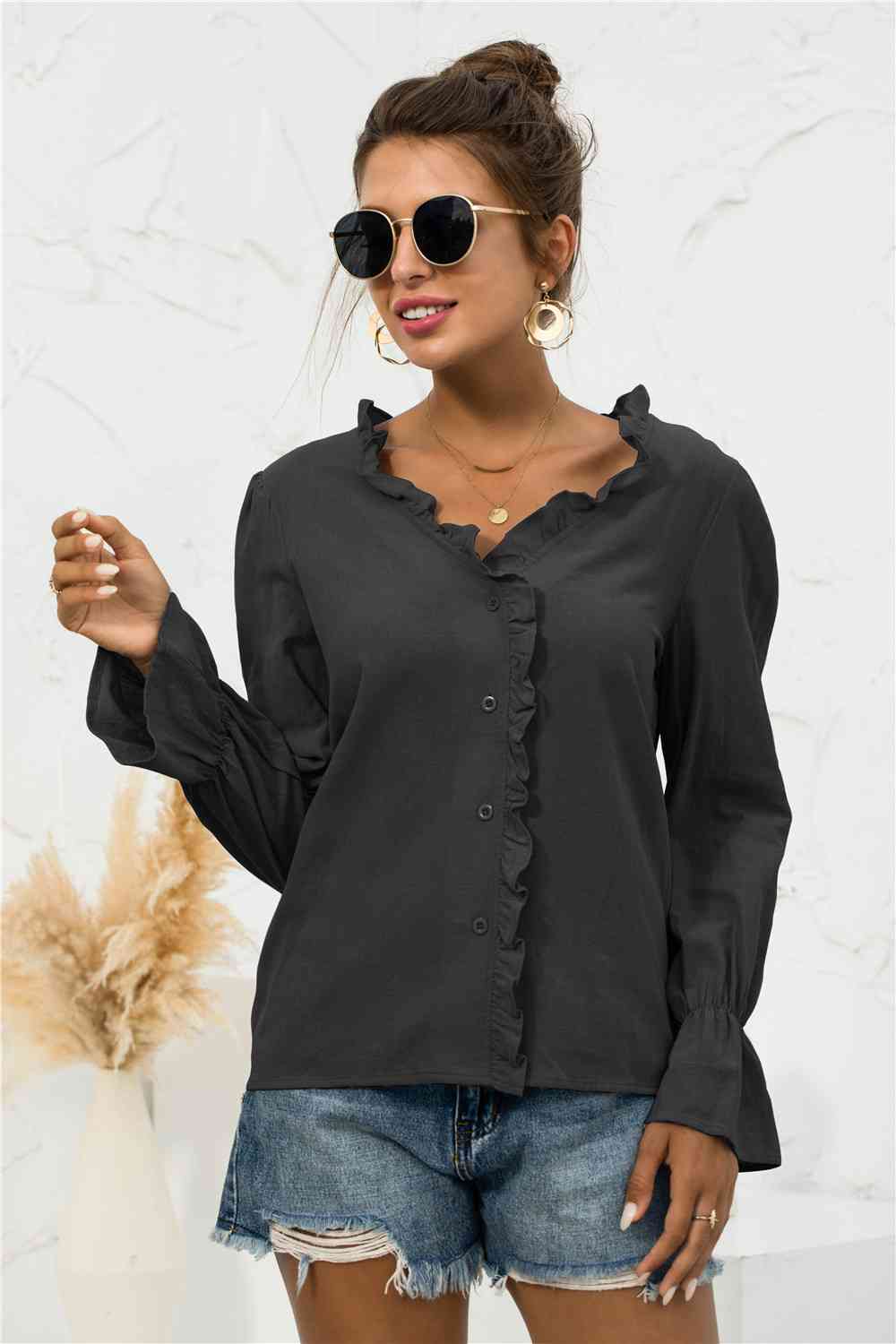 Buy Frill Trim V-Neck Flounce Sleeve Shirt by YO