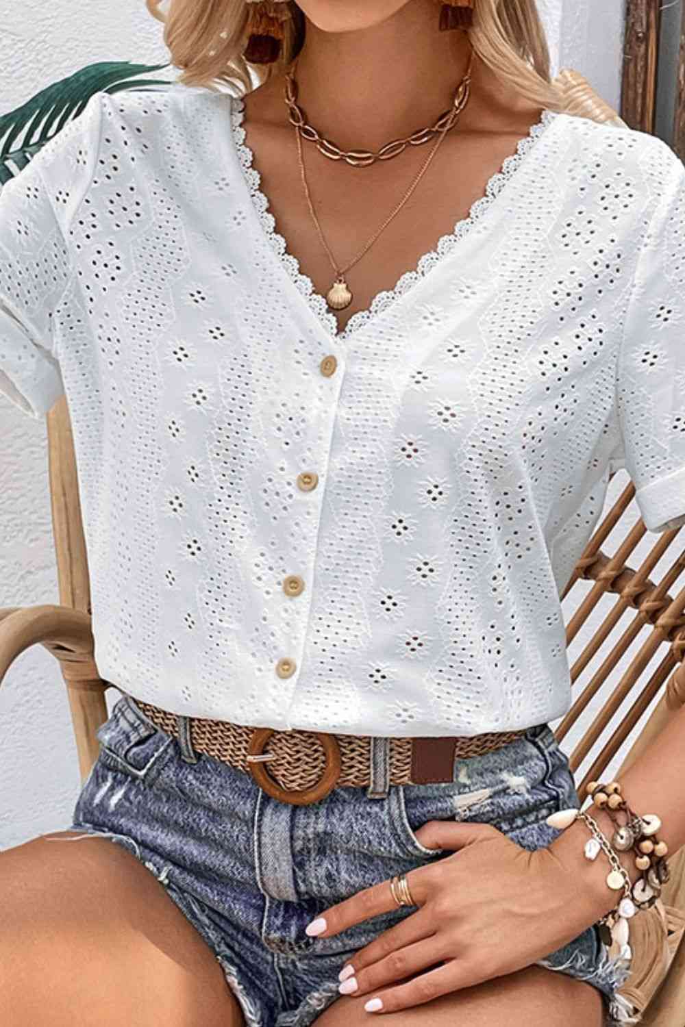 Buy Perfee Eyelet Short Sleeve Double-Sided Shirt by Hundredth