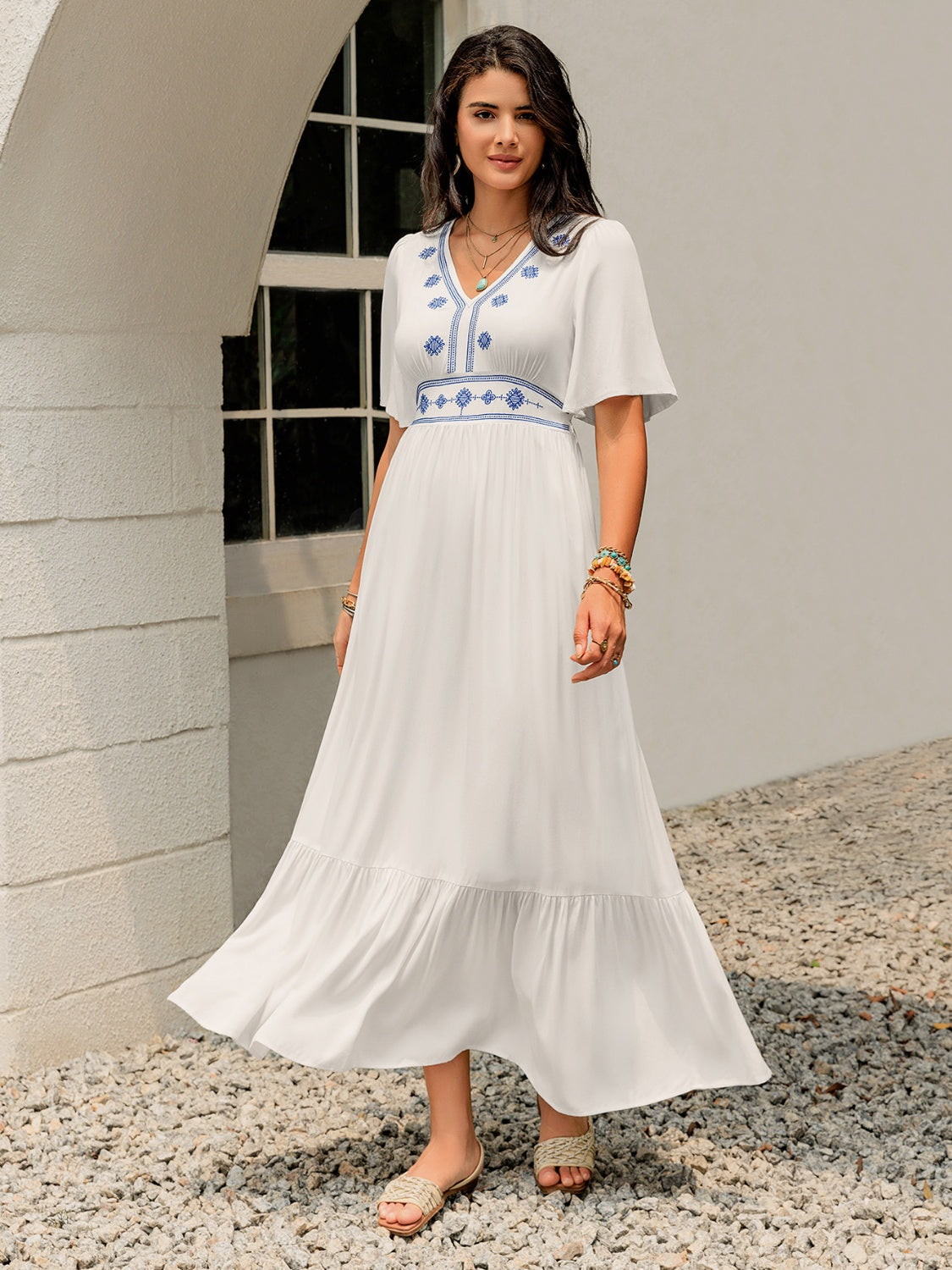 Buy Ruffled Hem V-Neck Flutter Sleeve Dress by Faz