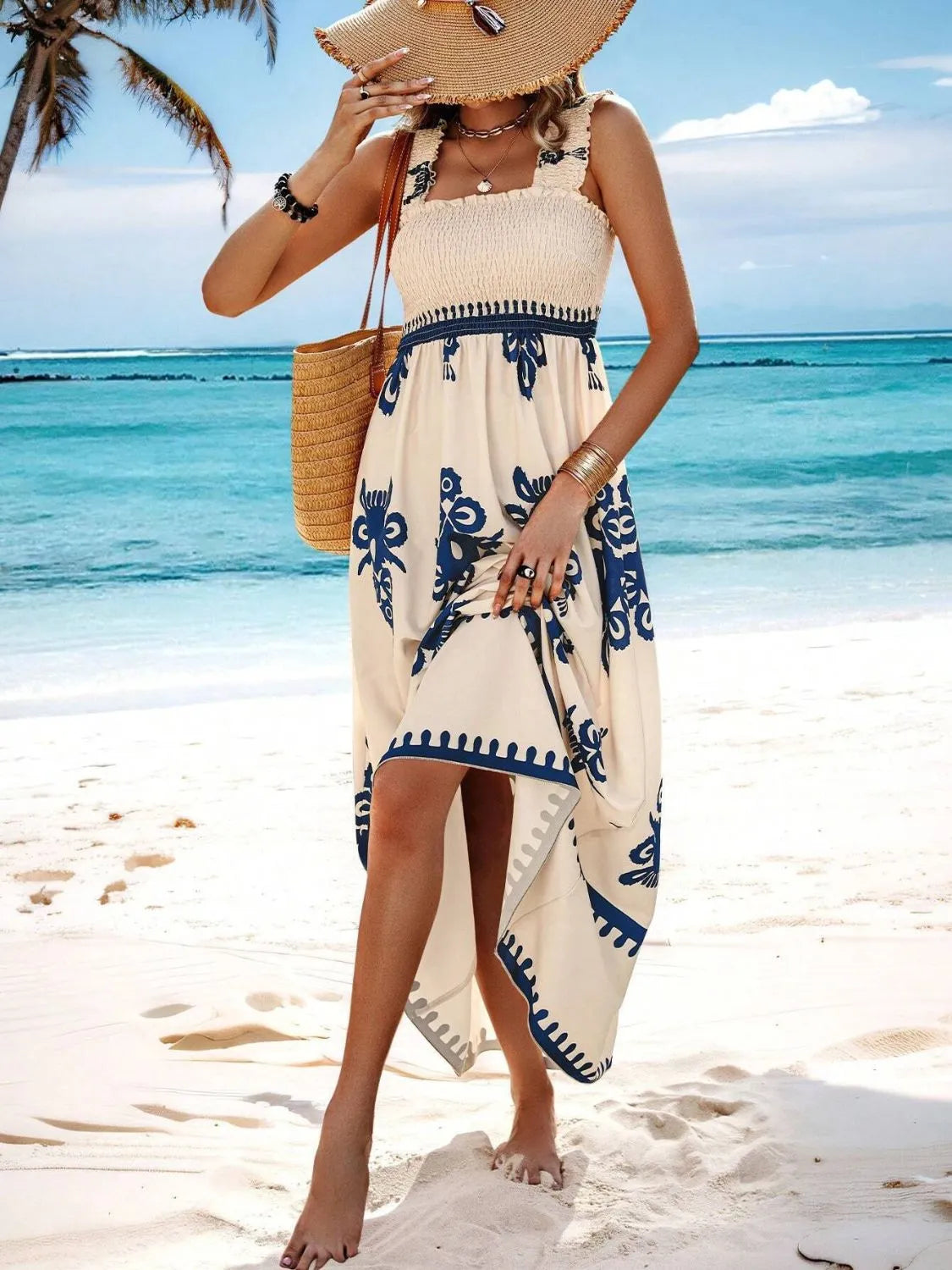 Buy Smocked Printed Wide Strap Maxi Dress by Faz