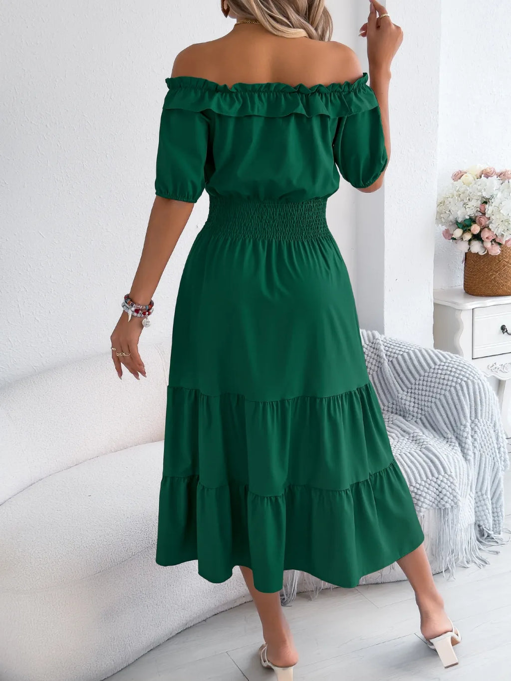 Buy Smocked Off-Shoulder Tiered Dress by Faz