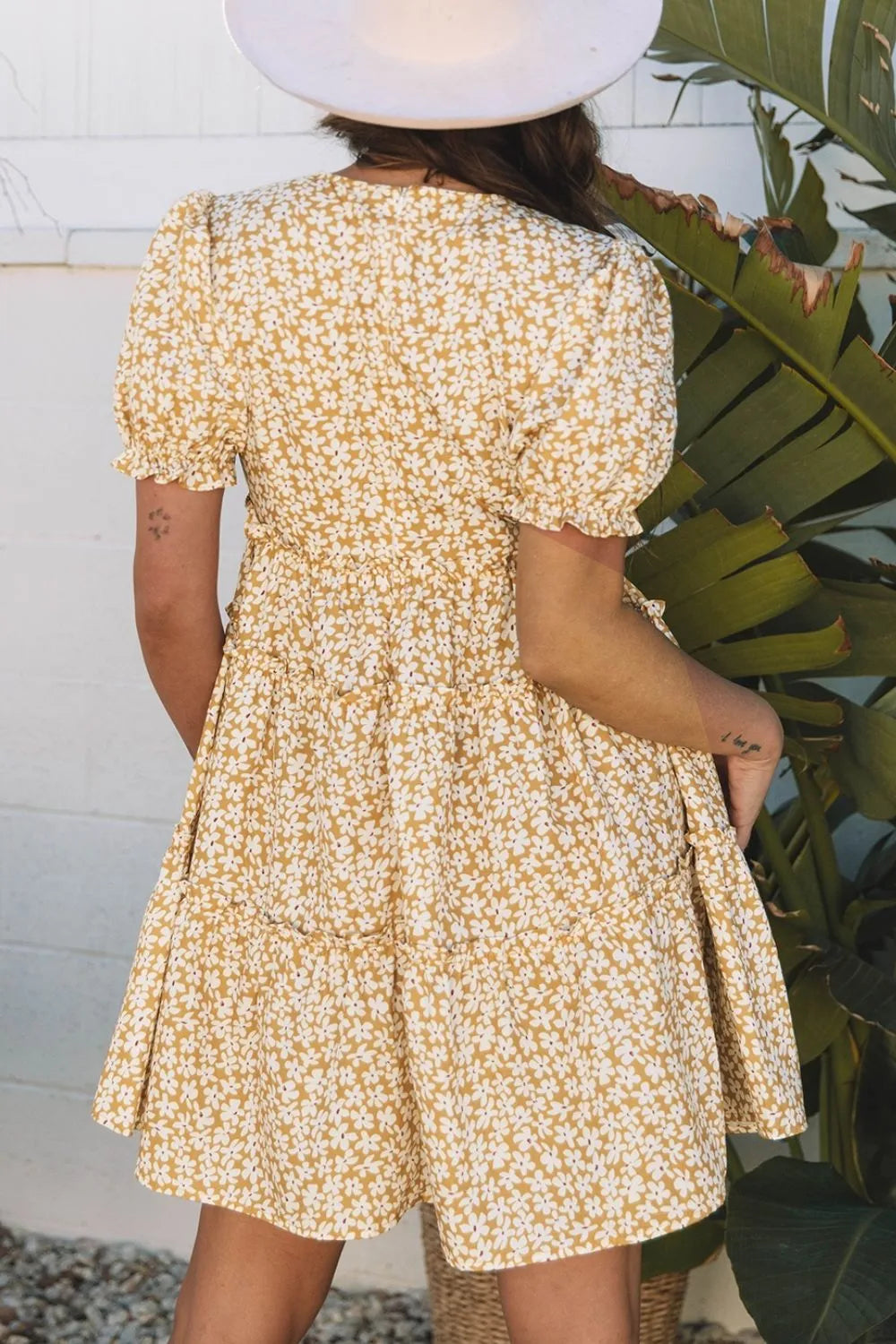 Buy Floral Short Sleeve Surplice Frilly Tiered Mini Dress by Faz