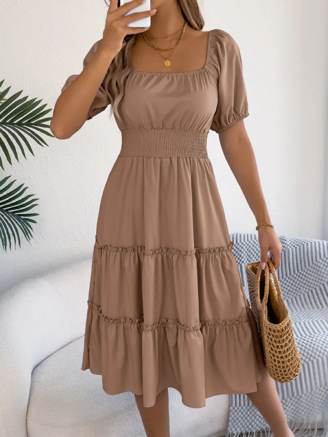 Buy Square Neck Short Puff Sleeve Dress by Faz
