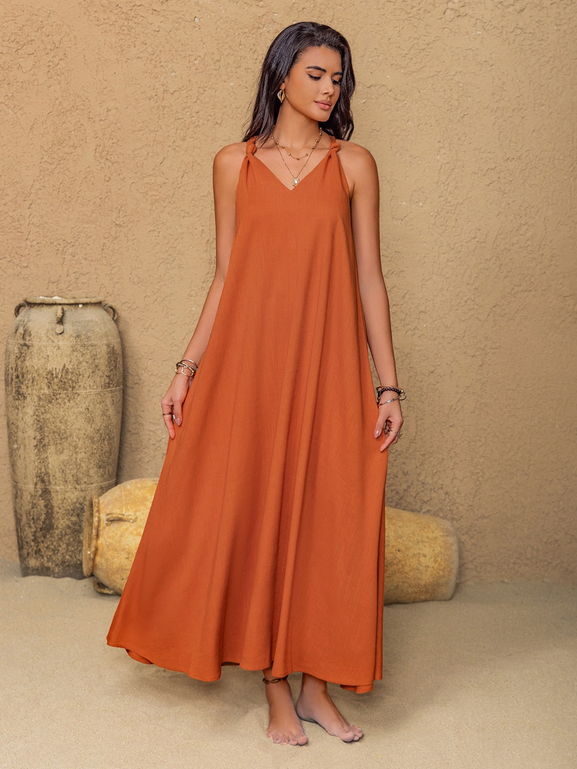 Buy Ruched Twisted Back Sleeveless Maxi Cami Dress by Faz