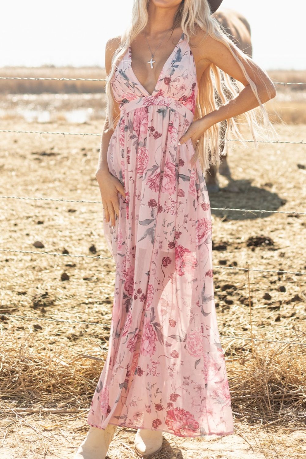 Buy Floral Pleated Deep V Backless Maxi Dress by Faz