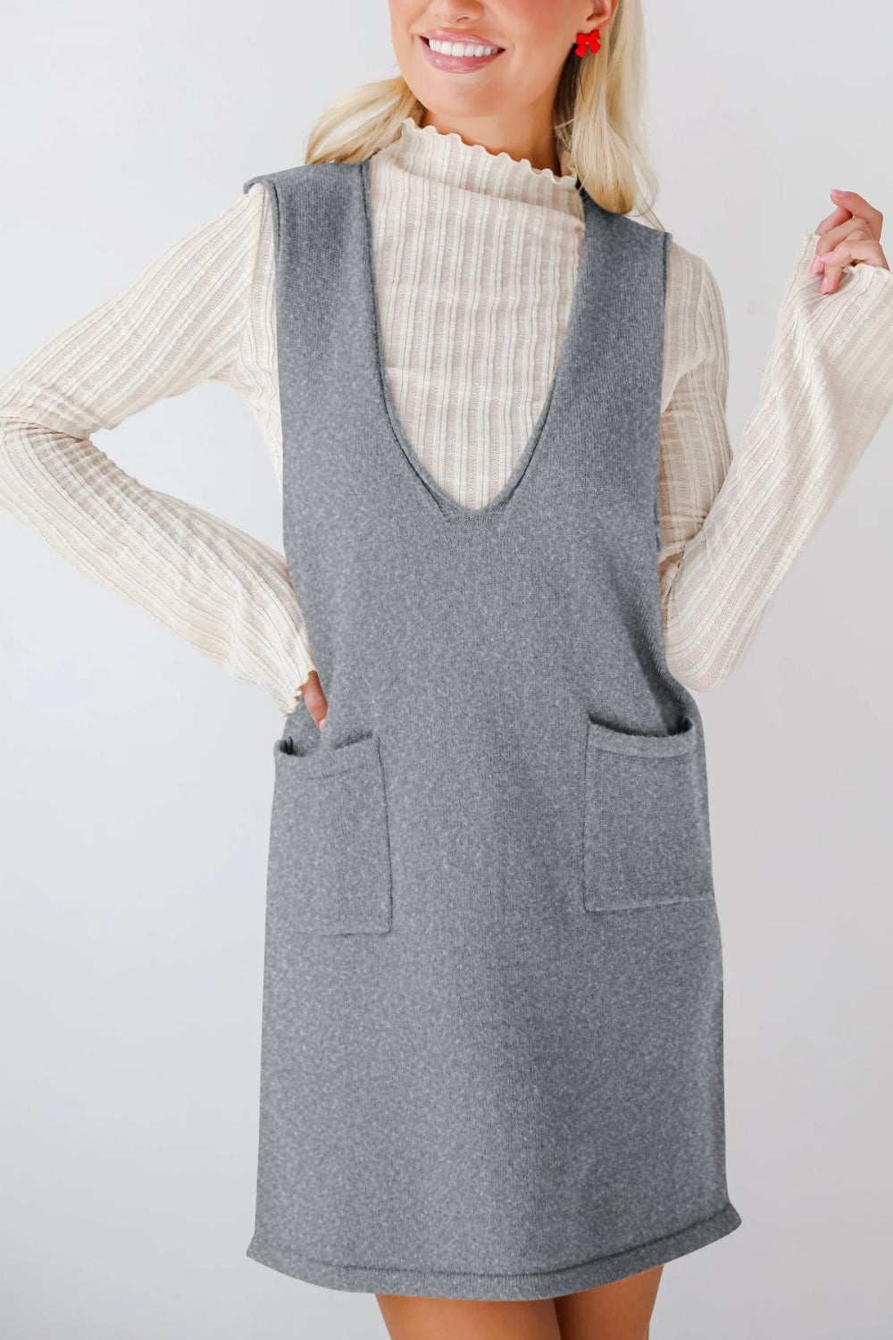 Buy Pocketed V-Neck Mini Sweater Overall Dress by Faz