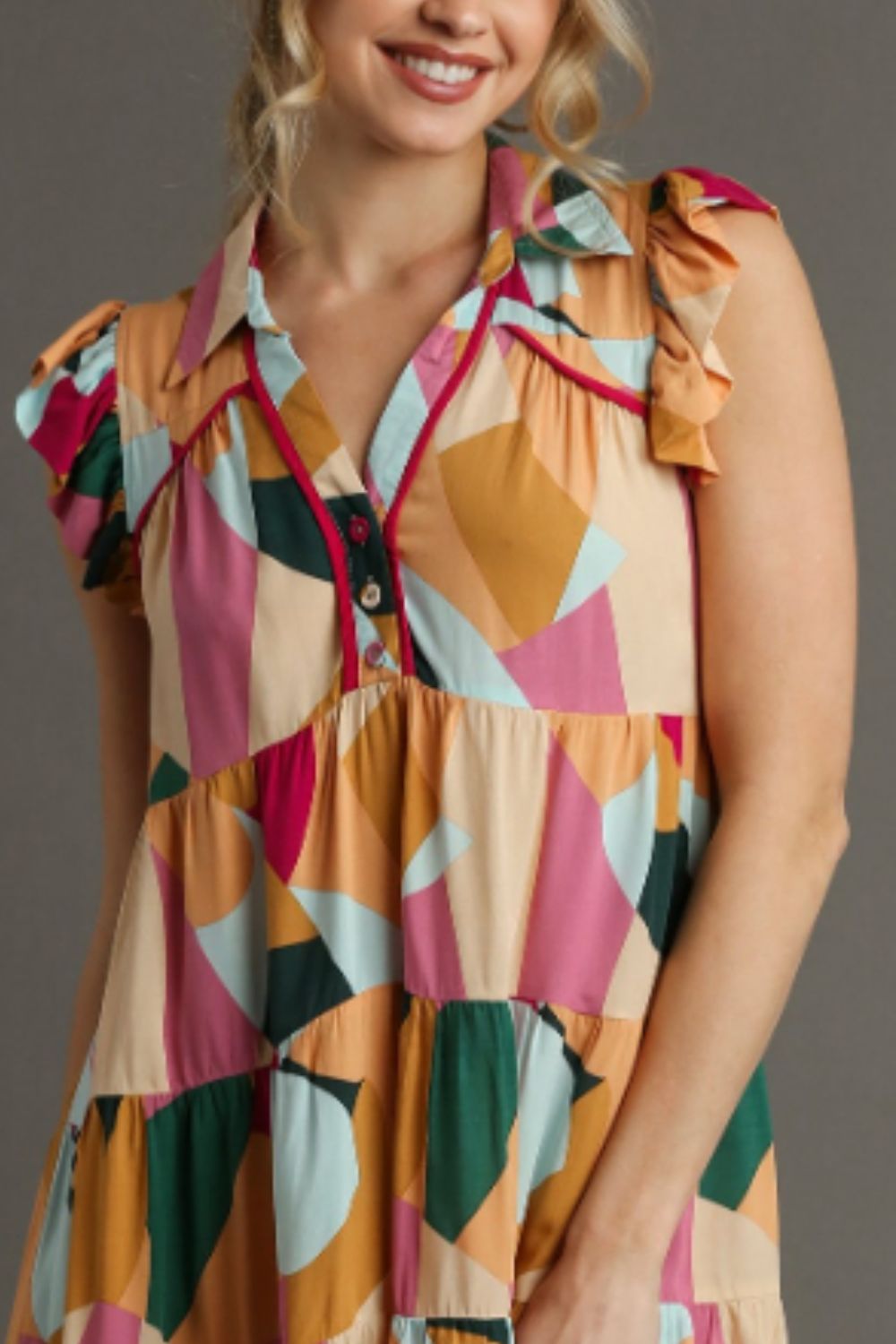 Full Size Button Detail Ruffle Sleeve Mini Dress Plus Size