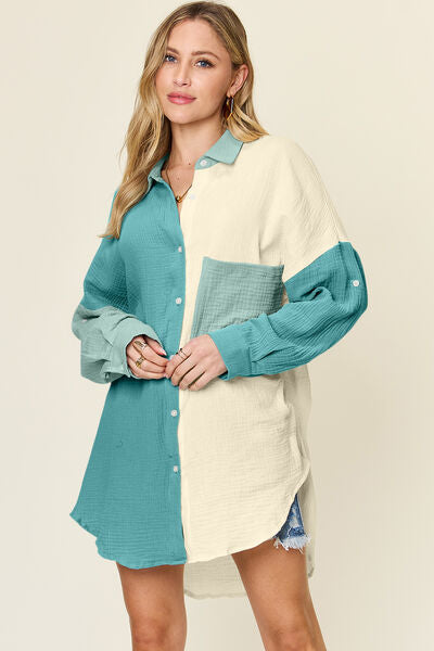 Buy Full Size Pocketed Texture Button Up Shirt by Double Take