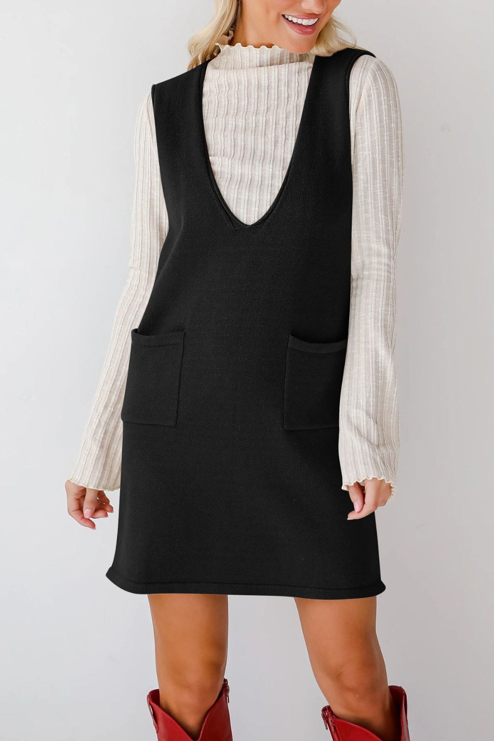 Buy Pocketed V-Neck Mini Sweater Overall Dress by Faz