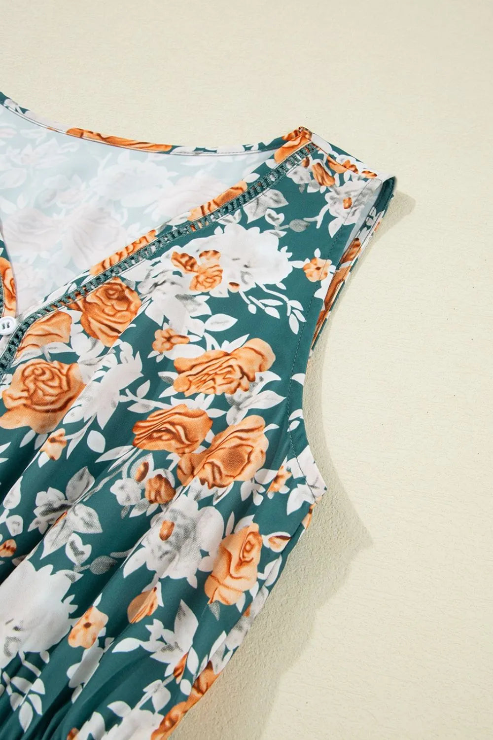 Buy Floral Print Trimmed V Neck Tie Waist Sleeveless Dress by Faz