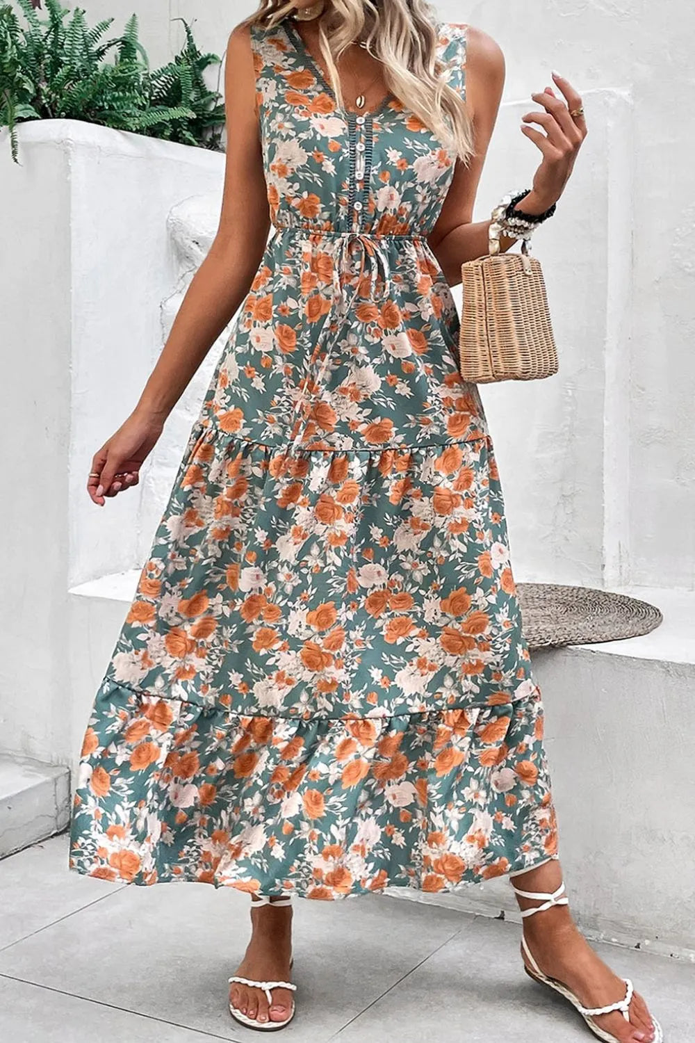 Buy Floral Print Trimmed V Neck Tie Waist Sleeveless Dress by Faz