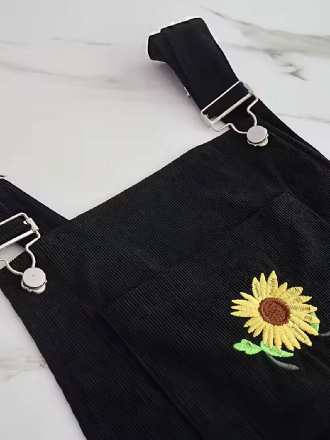 Buy Embroidered Sunflower Wide Strap Overalls with Pockets by Faz