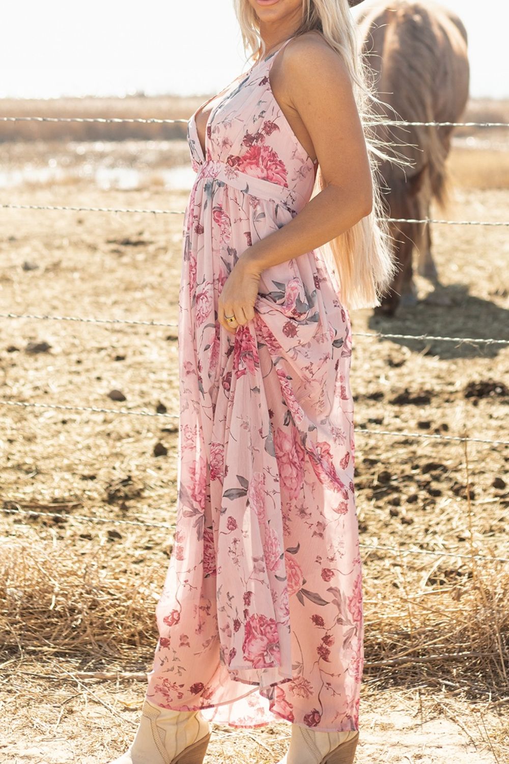 Buy Floral Pleated Deep V Backless Maxi Dress by Faz
