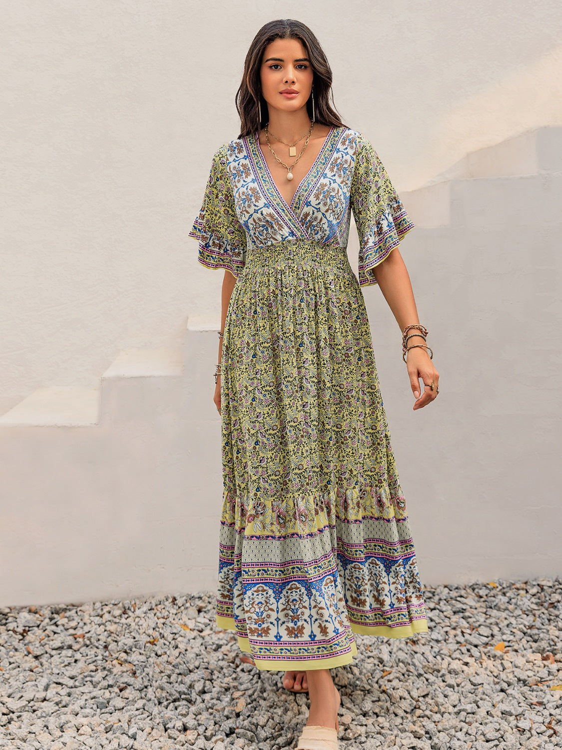 Buy Ruched Printed Flounce Sleeve Maxi Dress by Faz
