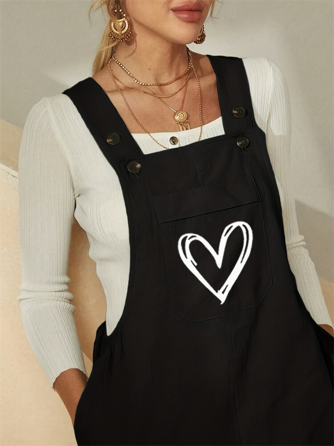 Heart Square Neck Wide Strap Overalls