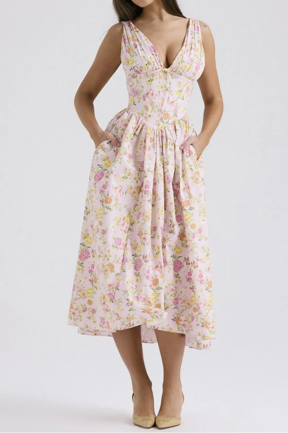 Buy Floral V-Neck Sleeveless Midi Dress with Pockets by Faz