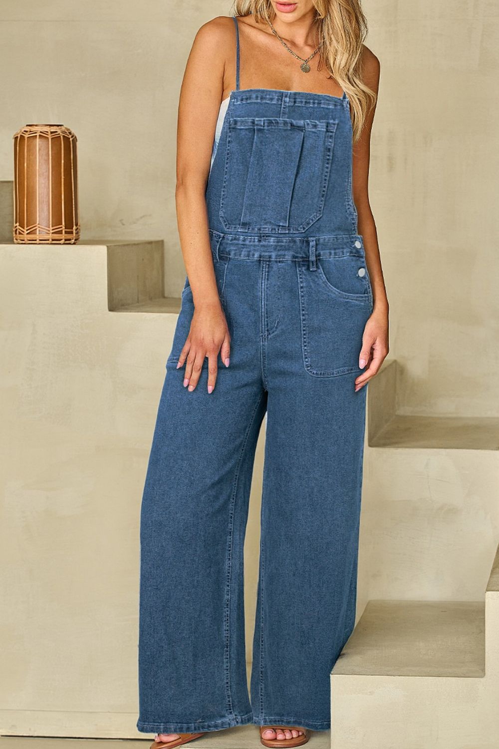 Buy Adjustable Tie Straps Wide Leg Denim Overalls by Faz