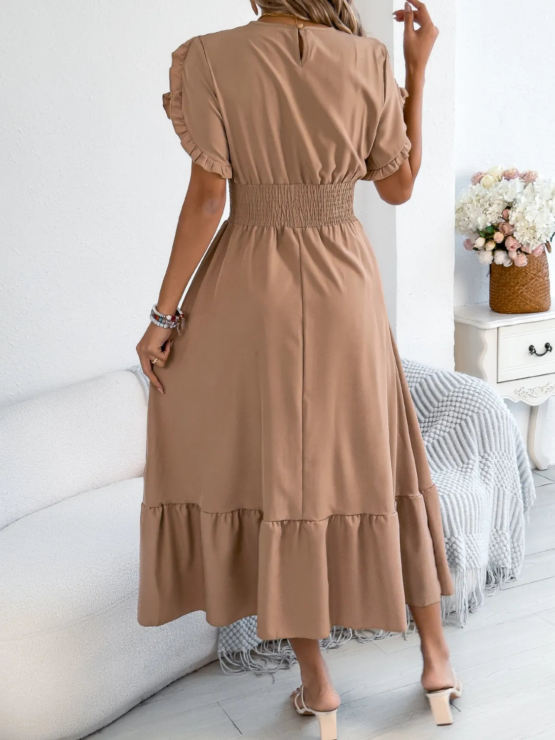 Buy Smocked Frill Round Neck Midi Dress by Faz