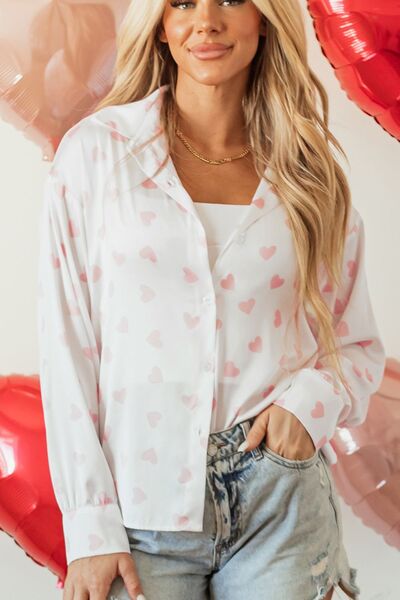 Buy Heart Print Collared Neck Long Sleeve Shirt by SYNZ