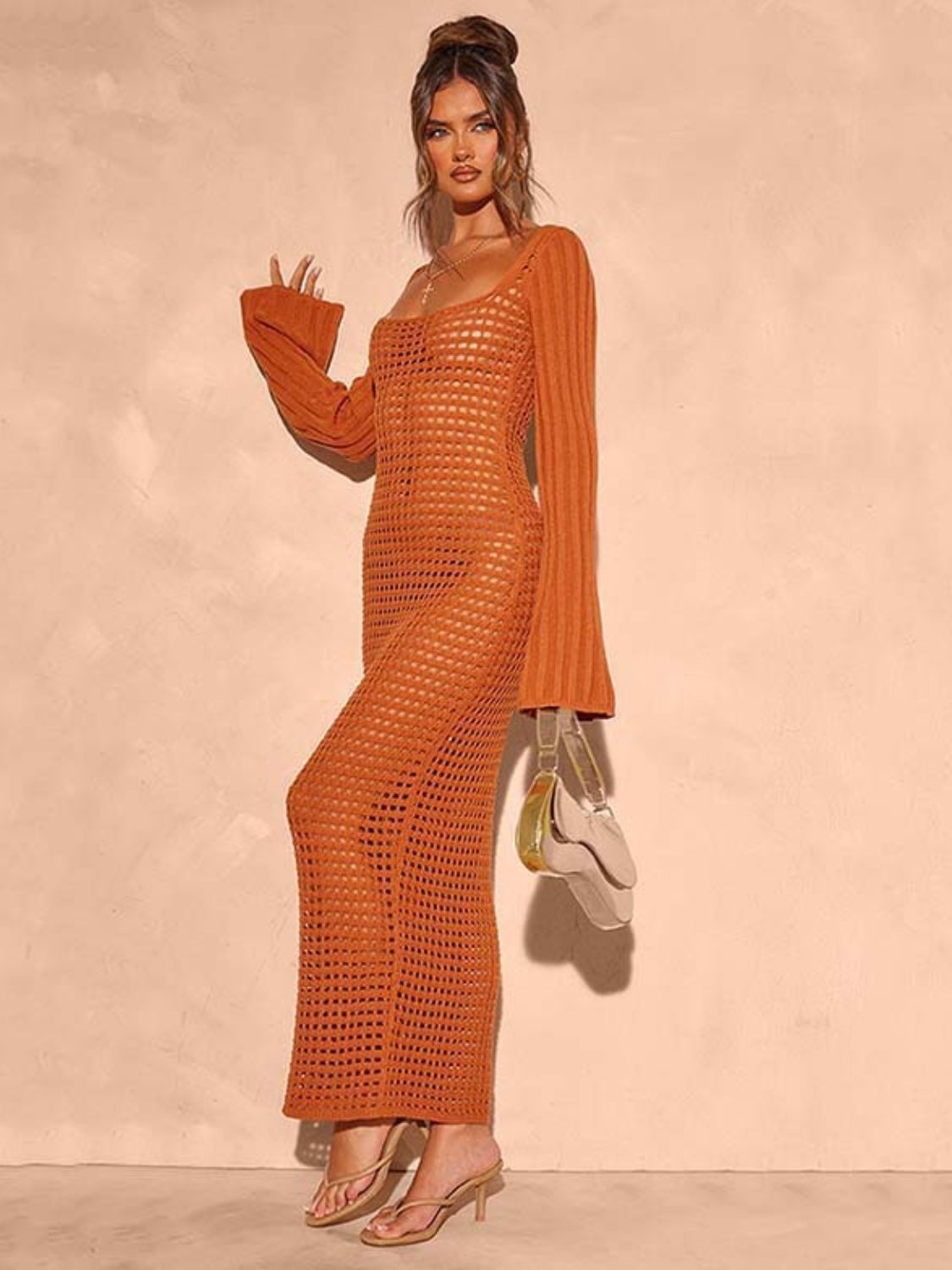 Buy Openwork Square Neck Flare Sleeve Cover-Up Dress by Faz