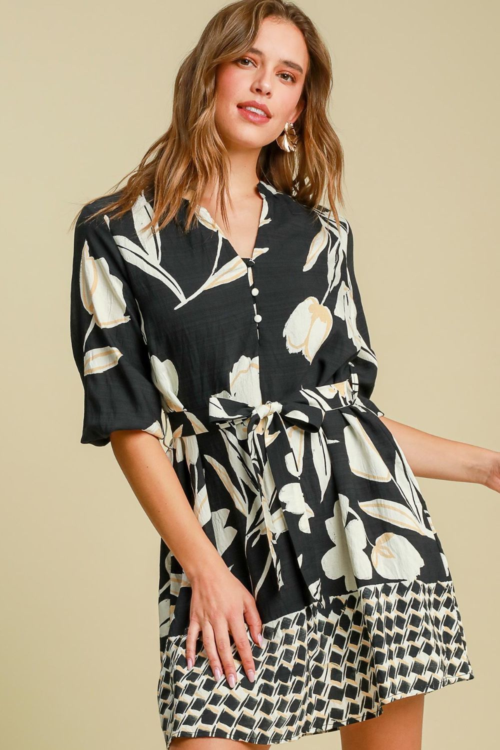 Buy Full Size Floral Print Notched Tie Waist Mini Dress Plus Size by Faz