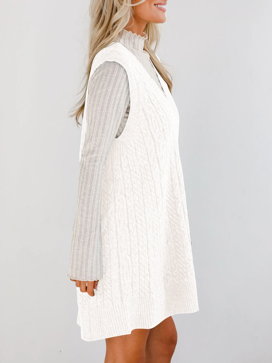Buy Cable Knit V-Neck Mini Sweater Overall Dress by Faz