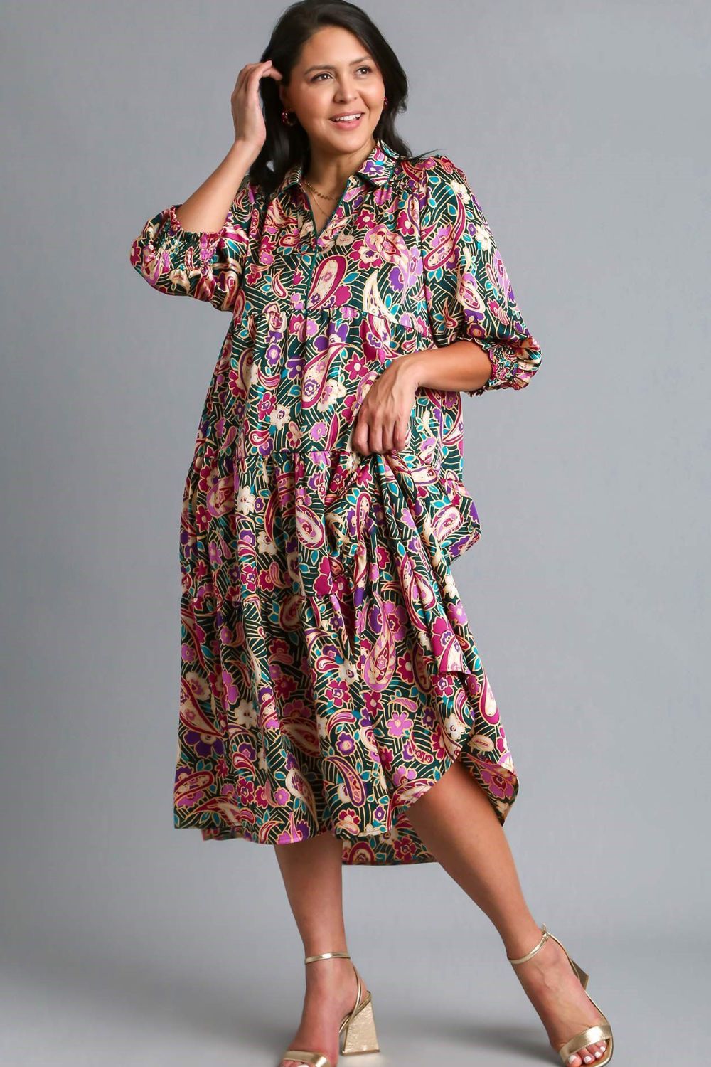 Buy Full Size Paisley Print Satin Tiered Midi Dress Plus Size by Faz