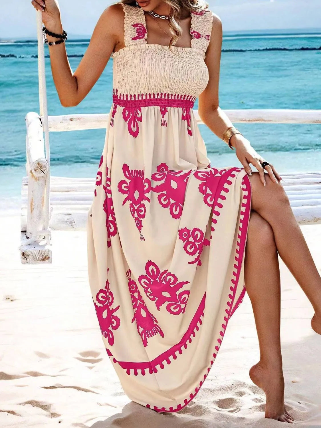 Buy Smocked Printed Wide Strap Maxi Dress by Faz