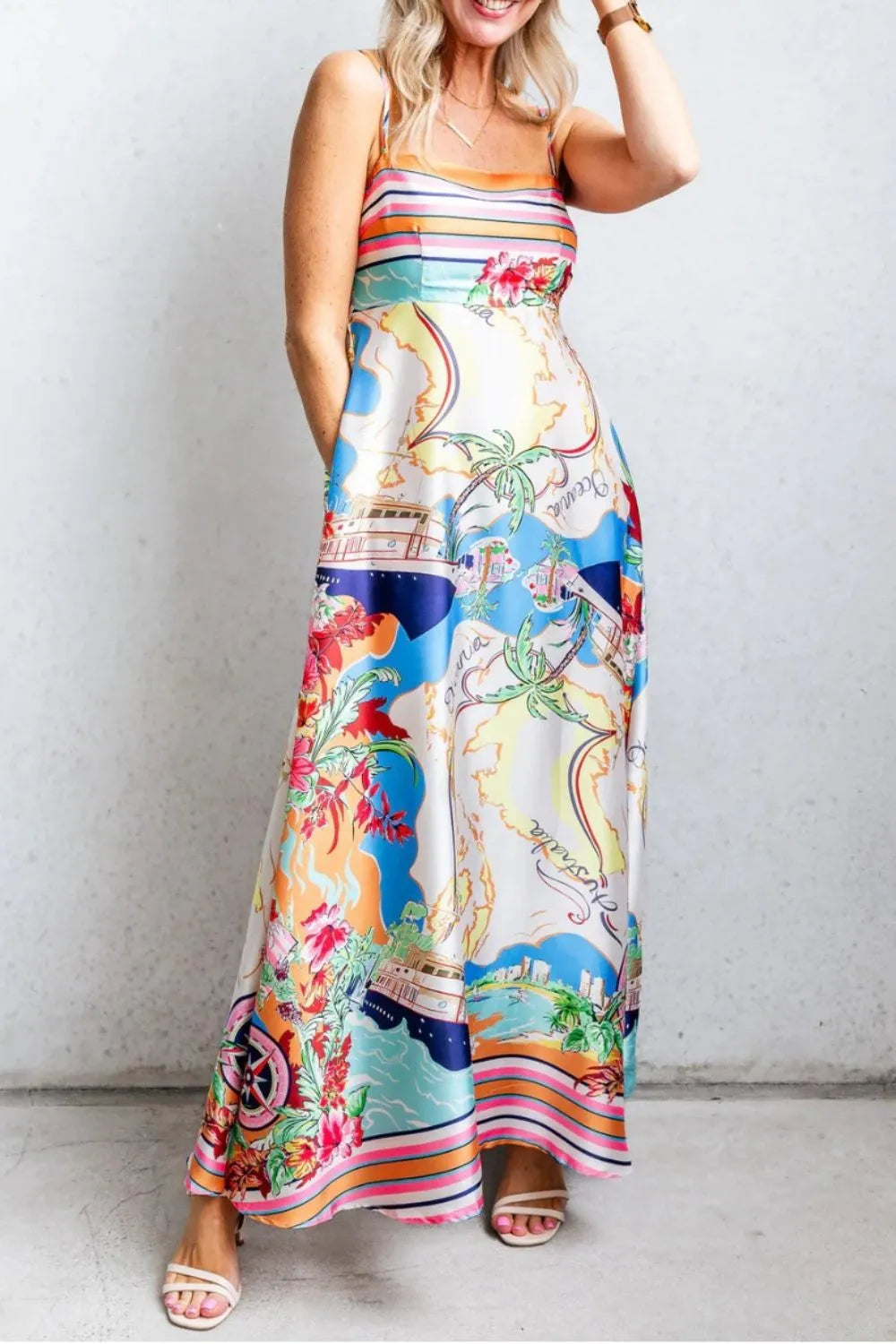 Buy Smocked Back Printed Square Neck Maxi Cami Dress with Pockets by Faz