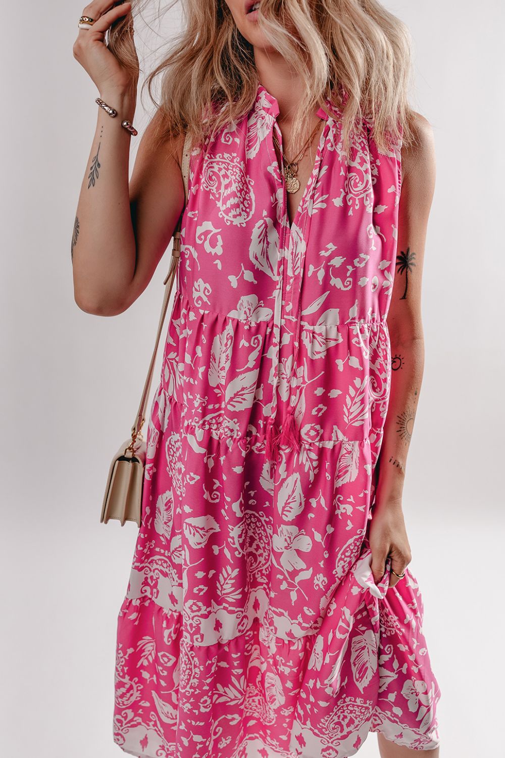 Buy Floral Sleeveless Tasseled Tie Neck Tiered Midi Dress by Faz