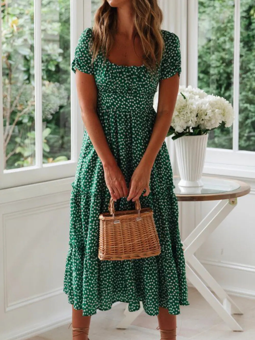 Buy Printed Square Neck Short Sleeve Midi Dress by Faz