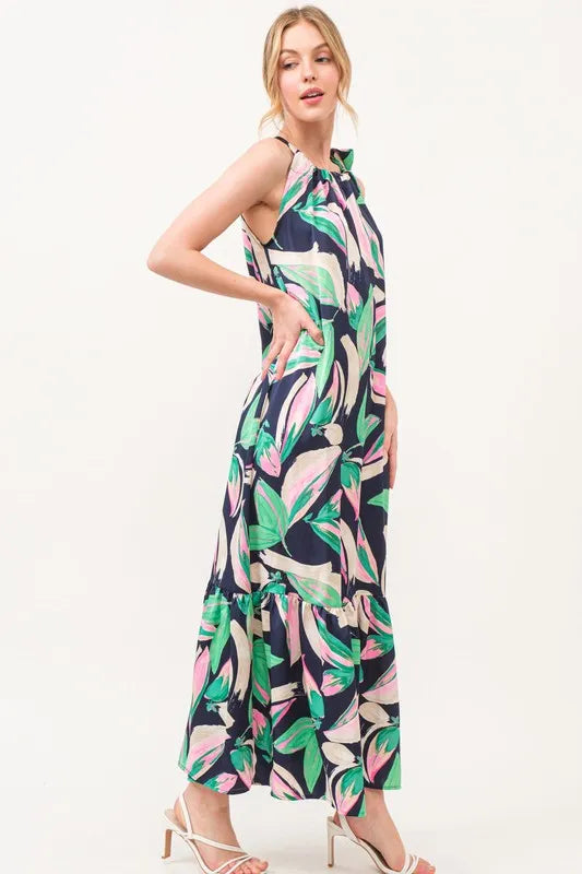Buy Botanical Printed Halterneck Tiered Maxi Dress by Faz