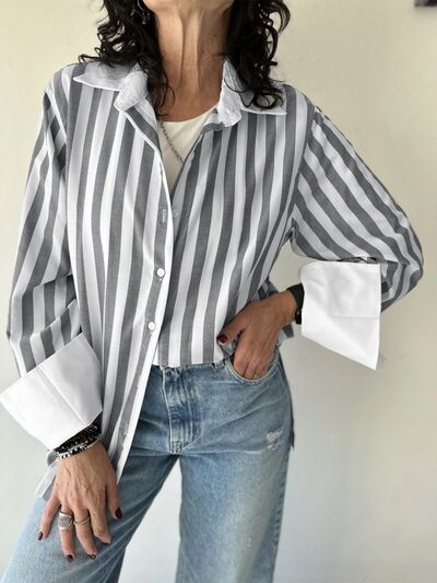 Buy Striped Collared Neck Long Sleeve Shirt by YO