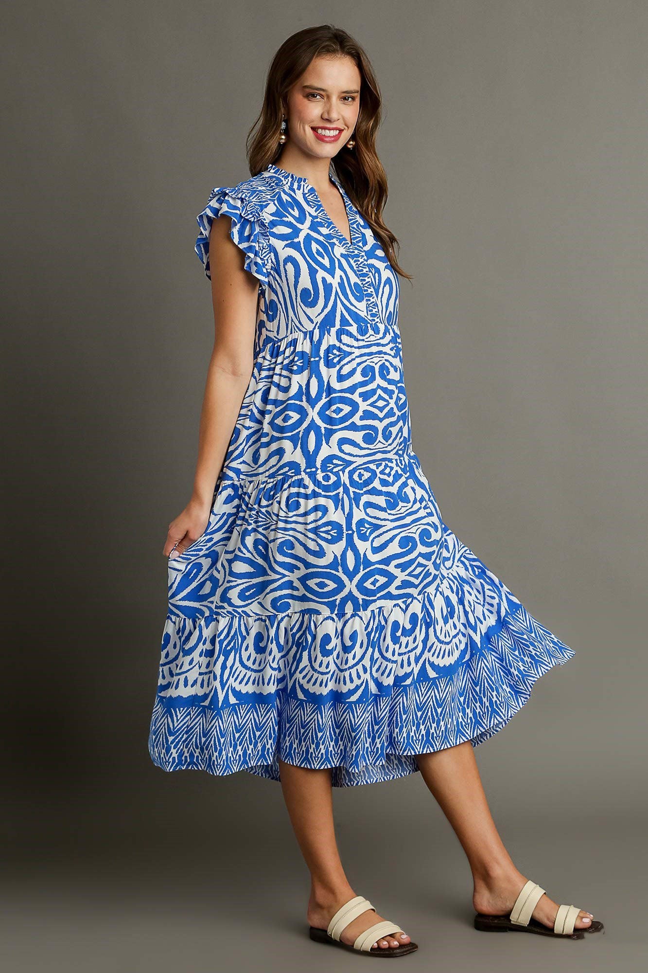 Buy Full Size Two Tone Border Print Ruffle Cap Sleeve Midi Dress Plus Size by Faz