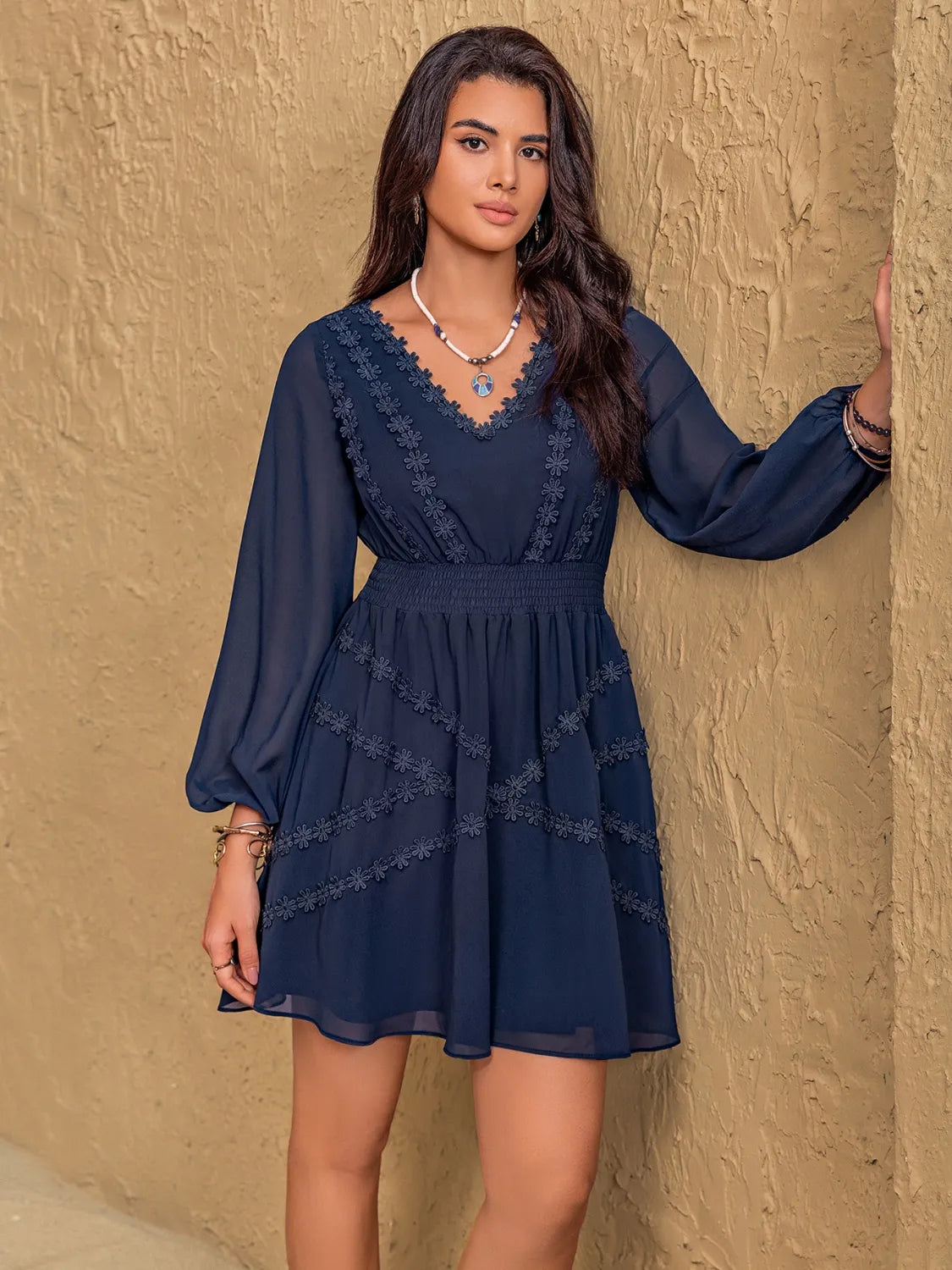 Buy Lace Detail V-Neck Balloon Sleeve Mini Dress by Faz