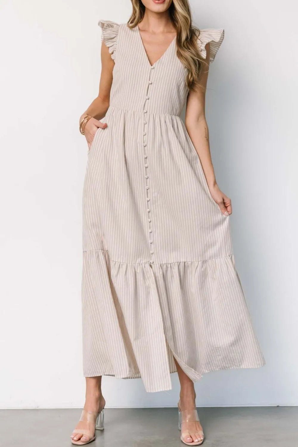 Buy Slit Striped V-Neck Ruffled Cap Sleeve Dress by Faz