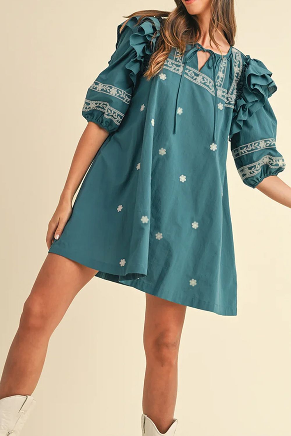 Buy Floral Ruffle Puff Sleeve Tie Neck Mini Dress by Faz