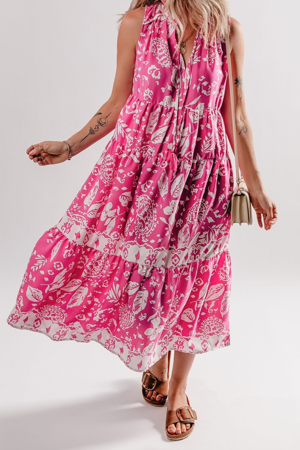 Buy Floral Sleeveless Tasseled Tie Neck Tiered Midi Dress by Faz